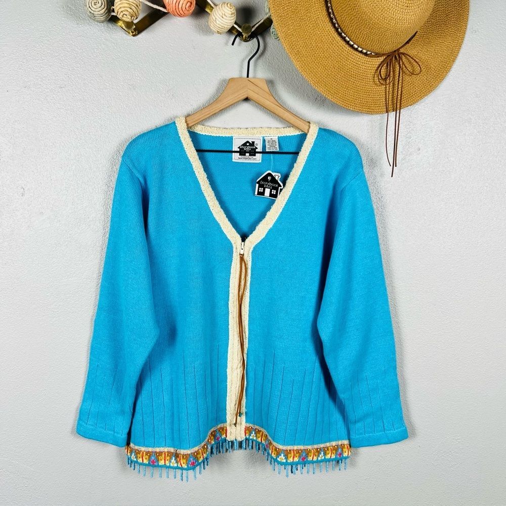 Storybook Knits Cardigan NWT Embroidered Turquoise Southwestern Fringe Zip 1X